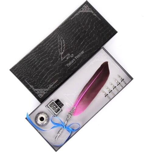 European Water Feather Pen Gift Box Set Short Hair Feather Pen + Pen Holder + Ink + Pen Tip Stationery Set Smooth Pen Head