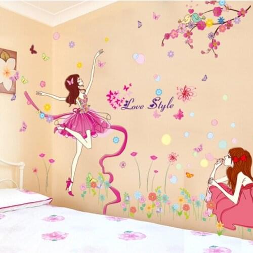 [shijuekongjian] Cartoon Girl Wall Sticker DIY Bubbles Flower Butterflies Mural Decals for Living Room Kids Room Decoration