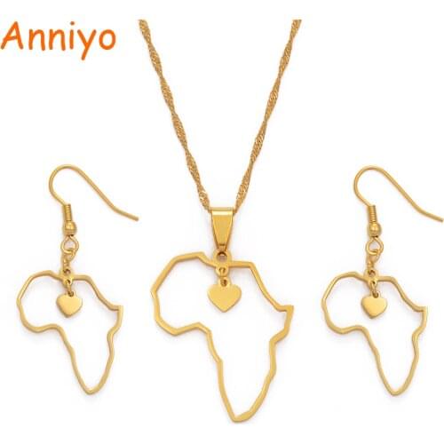 Anniyo African Heart Map Pendant Necklaces & Earrings Africa Maps Jewelry Sets Stainless Steel African Ethnic Ornaments #105221