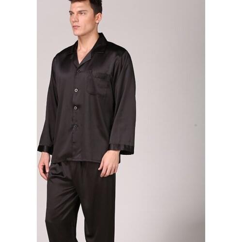 Mens Pure Black Nightwear Long Sleeve Pajamas Sleeping Suits for Men Housewear Silk Pajamas for Men Sleepwear Mens Pajama Set