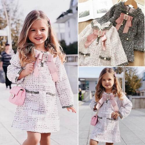 Elegant Kids Baby Girl Plaid Dress Children Girl Formal Party Dress Spring Fall Clothes Pearl Bow Tie Long Sleeve Dress 1-6Y