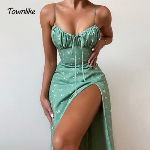 Townlike Burgundy Print Spaghetti Strap Sexy Dress Women High Split Party Dresses Backless Bodycon Midi Summer Dress Vestidos