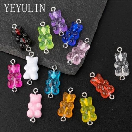 10pcs/pack 26*11mm Glitter Gummy Candy Color Bear Charms Resin Connection Necklace Keychain Pendant DIY Making Accessories