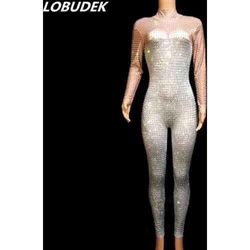 Luxury Women Costume Silver AB Rhinestones Skinny Jumpsuit Big Stretch Leotard Stage Wear Nightclub Bar Singer Party DS Outfit
