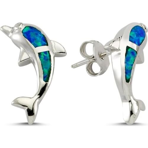 Silverlina Silver Dolphin Pattern Opal Earrings