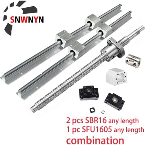 SFU 1605 Ball Screw Any Length+BK BF12 End Support Block+1605 Nut Housing+Coupling+SBR16 Linear Rail Support+4pc SBR16UU For XYZ