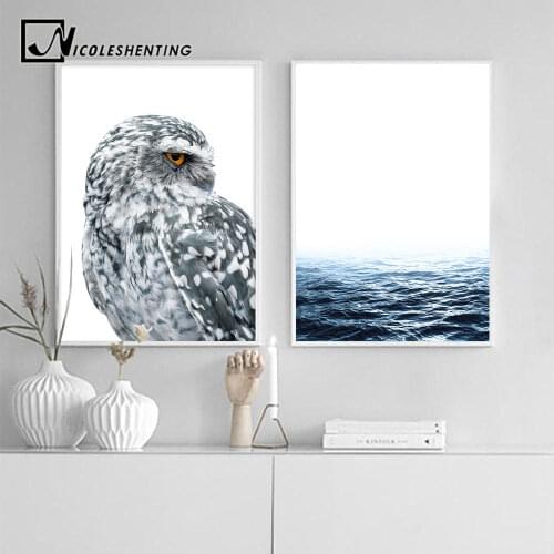 Nordic Style Owl Ocean Landscape Canvas Posters and Prints Wall Art Painting Scandinavian Decoration Pictures Modern Home Decor