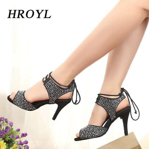 HROYL Latin Dance Shoes For Women Satin+Crystal Diamond African print Salsa Dance Shoes Womens Ballroom Dance Sandal