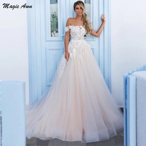 Magic Awn Off The Shoulder Beach Wedding Dresses Lace Appliques Illusion Light Champagne Boho Wedding Party Gowns Vestido Novia
