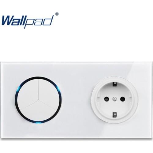 Wallpad L6 White Tempered Glass LED 3 Gang 2 Way Wall Light Switch With German Schuko Socket Random Click Push Button