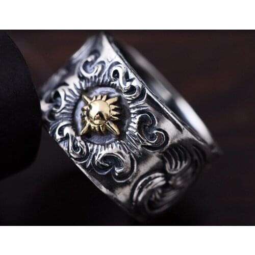 S925 pure silver jewelry Tang grass pattern sun god mens boutique ring Mans silver ring