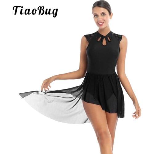 TiaoBug Women Elegant Dance Wear Lace Cap Sleeve Asymmetrical Mesh Skirt Ballet Leotard Figure Skating Dress Performance Costume