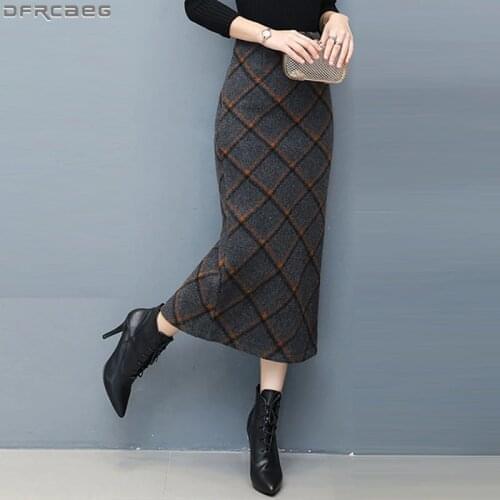 Fashion 2019 Winter Wool Skirts Womens Bodycon High Waist Saia Longa Vintage Striped Plaid Pencil Skirt Streetwear Jupe Femme