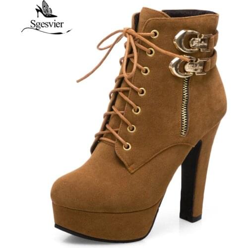 Sgesvier Women Rock Punk Spike Heel Ankle Boots Platform Ultra High Heel Motorcycle boots Cross Tied Zipper Shoes Woman OX582