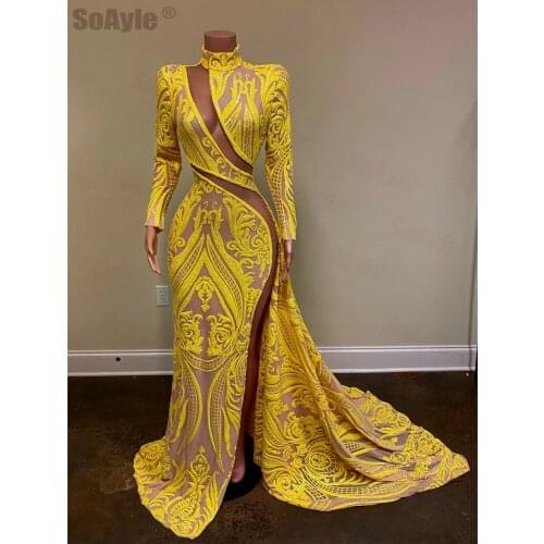 SoAyle Real Sample Long Nigeria Prom Dresses 2020 Sexy Side Split Mermaid Sequin Yellow African Women Prom Dress Spandex Dresses