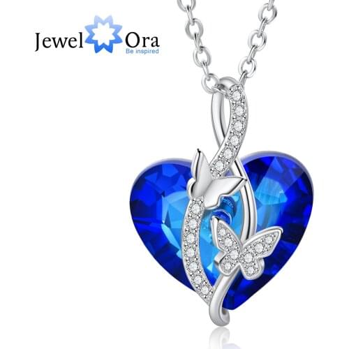 JewelOra New Classic Heart Blue Crystal Necklaces for Women Silver Color Cubic Zirconia Paved Butterfly Pendant Jewelry Gift
