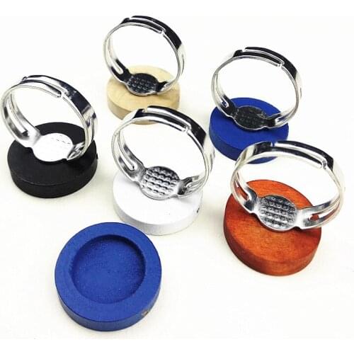 20pcs 12mm Black, white Wood Cabochon Stainless Steel Adjustable ring Base Settings Diy Blank Wooden Bezel for ring Making
