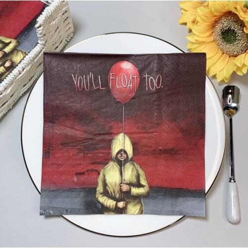 2021 New 20Pcs/Pack Halloween Decoupage Paper Napkins Horrifying YOU'LL FLOAT, too. Tissues for Halloween Party Table Decor N