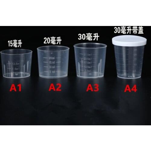 500PCS 15/20/30ml Clear Plastic Measuring Cup Graduated Measure Beaker Measuring Cups With White Lids Clear Container NO25