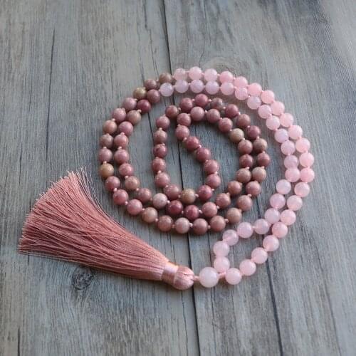 8MM Natural Rhodochrosite & Rose-quartz Beads Hand Knotted Tassels Necklace Women Meditation Yoga Necklace