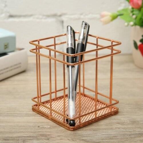 Rose Gold Wire Net Pencil / Pen Cup Square Iron Mesh Pen / Pencil Cup Stationery Organizer Desk Sorter For Office Home School