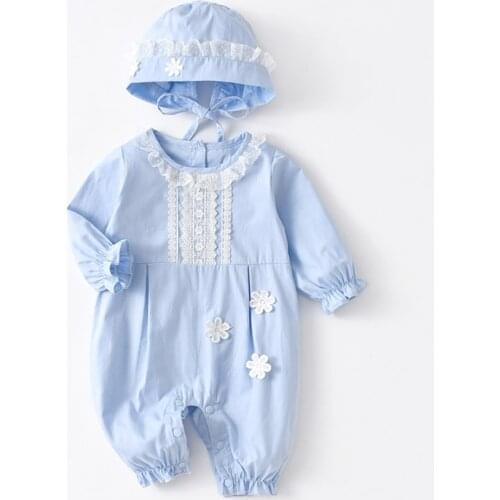 Baby Girl Jumpsuits Blue Long Sleeve Clothes Chic Lace Decor Girls Onesie Spring/Autumn Toddler Outfits 2PCS Romper Hat Set