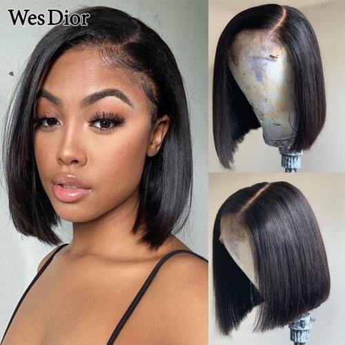 Short Bob Wig With Baby Hair Brazilian Straight Lace Part Human Hair Wigs For Women Pre-Plucked 4x4 Closure Wig Remy Hair 180