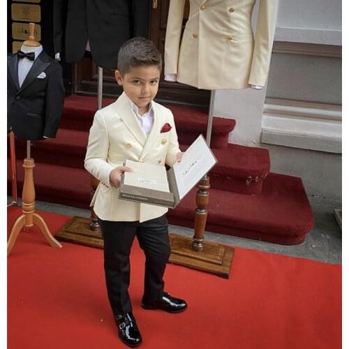 2021 Ivory Jacket Black Pant Peak Lapel Boy Suits Costume Homme Men Suits Tuxedos Wedding Groom 2 Pcs Prom Slim Fit Kid Suits