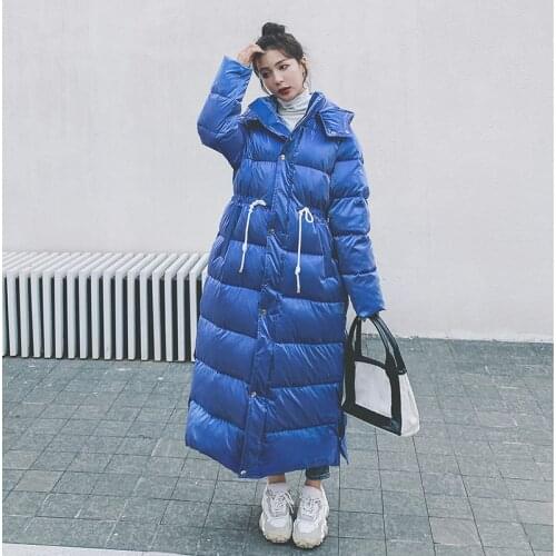 Female Coats Winter Fad Ultra Long Down Hooded Korean Solid Vogue Thick Warm Loose Casual Women Jackets Drawstring Clothing