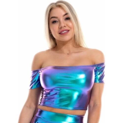 Summer Sexy Slash Neck Off Shoulder Metallic Crop Top Glitter Holographic Tank Top Short Vest Women Rave Festival Clubwear