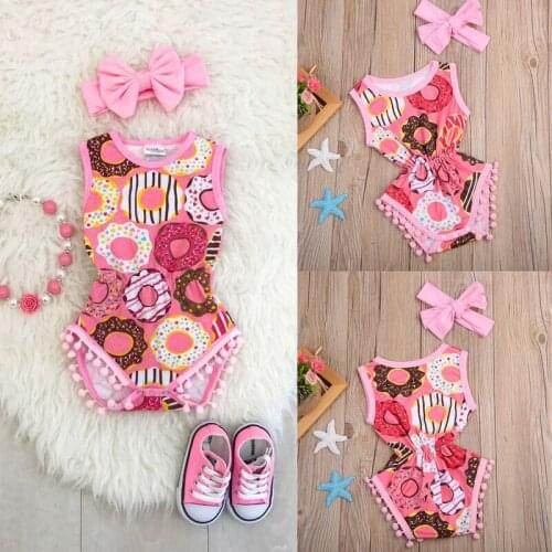 2PCS Newborn Baby Girl Clothes Summer Cute Sleeveless Donut Print Tassel Romper Jumpsuit+Headband Outfits Sunsuit