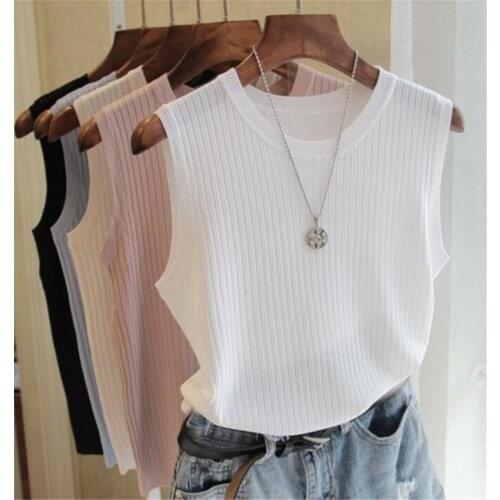 Fashion Knitted Vests Women Top O-neck Solid Tank Fashion Female Sleeveless Casual Thin Tops 2020 Summer Knit Woman Shirt Femme