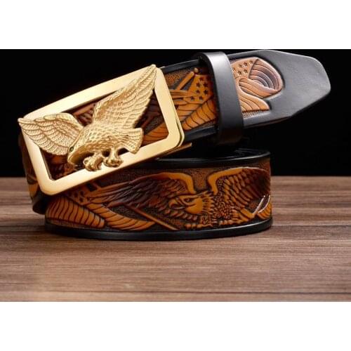 Men Automatic Buckle Genuine Leather Gold Eagle Belt Fashion Male Hawk Jeans Waistabnd Quality Assurence BG001