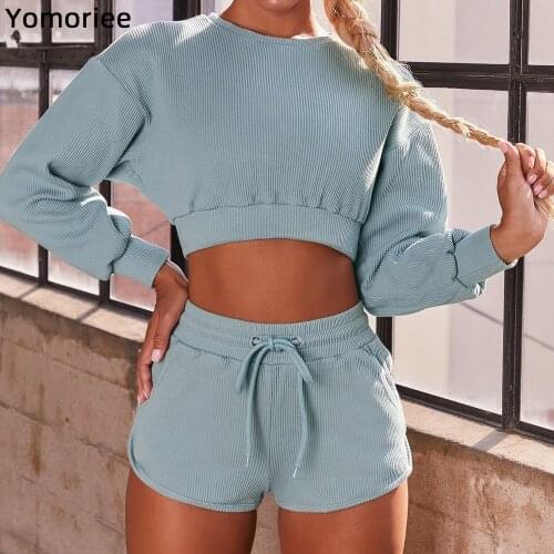 Autumn Winter Womens Leisure Long Sleeve Shirts Shorts Sports Fitness Two-piece Suit Exercise Clothing Yoga Top Pants Yomoriee