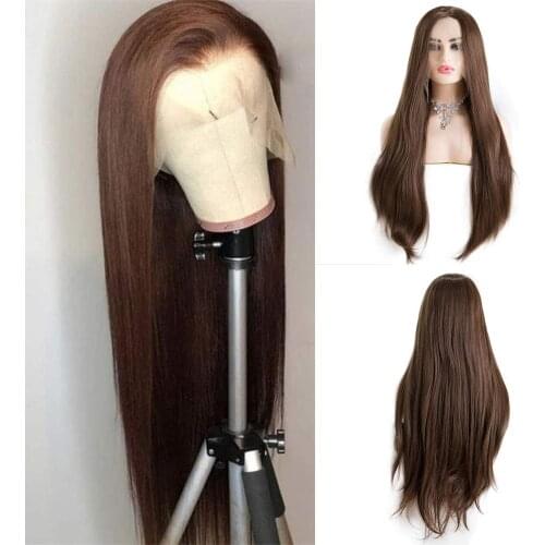 Brown Long Straight Synthetic Lace Wig for Women Heat Resistant Fiber Free Part Wig with Natural Hairline Makeup Wig 26 Inch