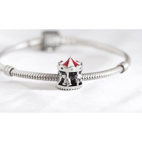 Authentic S925 Silver Enamel Christmas Carousel With Crystal Bead Charm fit Pandora Bracelet Bangle DIY Jewelry