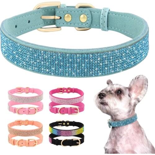 Rhinestone Dog Collar Soft Suede Leather Dog Cat Collar Crystal Diamond Sparkling Pet Dog Puppy Collar for Chihuahua Yorkshire