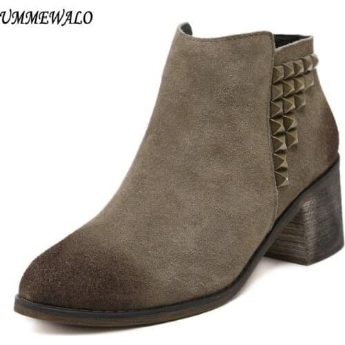 UMMEWALO Boots Women Suede Leather Boots Qualiy Pointed Toe Rivets Shoes Ladies Casual Autumn Winter Shoes botines mujer