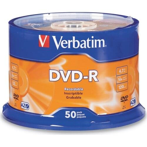 Verbatim DVD-R 4.7GB 16X 50PK Spindle Branded Recordable Media Disc Compact Write Once Data Storage DVD 95101