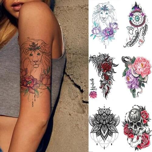Waterproof Temporary Tattoo Sticker Lion Crown Lotus Flower Flash Tatto Unicorn Body Art Arm Water Transfer Fake Tatoo Women Men