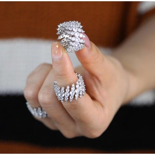 High quality luxury iced out bling silver color ring for women 5A clear cubic zirconia wedding engagement band full finger rings