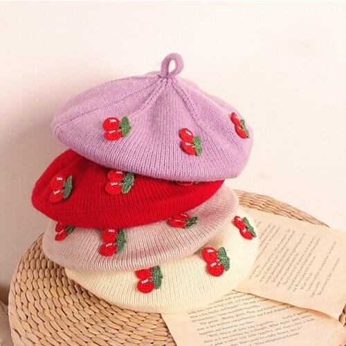 Japan Style Children Girls Beret Hat Cap Winter Warm Little Cherry Kids Hats Girls Woolen Crochet Knit Painter Cap 2-6 Years Old