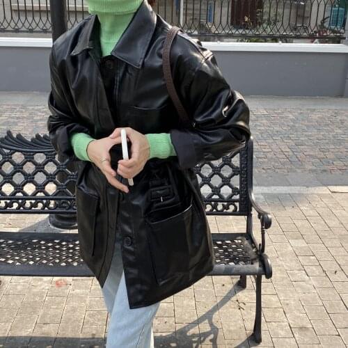 Women Autumn Spring Leather Cost Jacket Cool Girl Leather Black Coffee Turn-Down Collar Blazer+Female Green Turtleneck Sweater