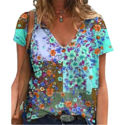 Floral Print T Shirt Women V-Neck Short Sleeve Loose Plus Size Shirt Fashion Ladies Oversize Tops Tee Streetwear