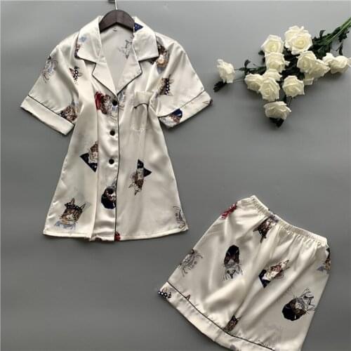 Women Pajamas Set Cute Strawberry Printed Summer Thin Sleepwear Ladies Lovely 2Pcs Short Sleeve Silk Satin Homewear
