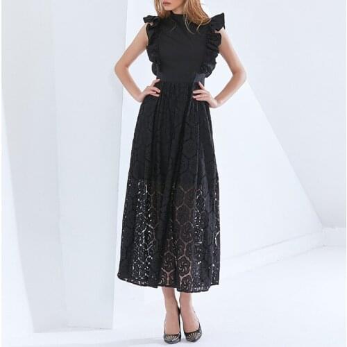 Fashion Ruffles Sleeves Women White Dresses Hollow Out Cotton A-Line Office Work Business Lady Long Dress Black Color
