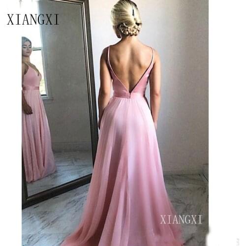V-Neck Spaghetti Straps Pink Cheap Prom Dresses 2020 Floor-Length Backless Sexy Evening Dress Party Maxys Simple Long Prom Gown