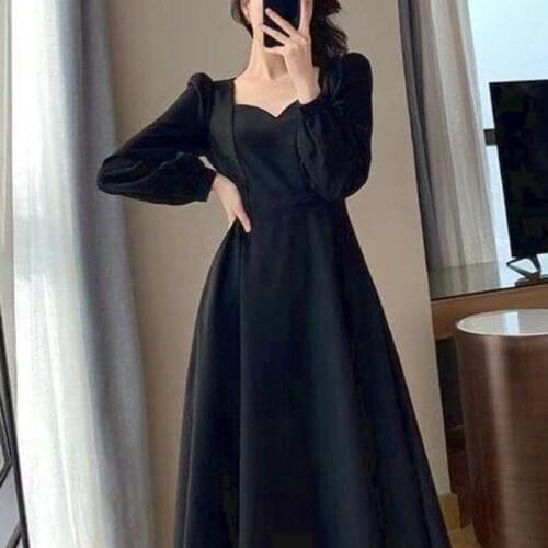 Vintage Midi Dress Office Lady Long Sleeve Pure Color Dress Women Casual Korean Fashion Retro Elegant Dress Party 2021 Autumn