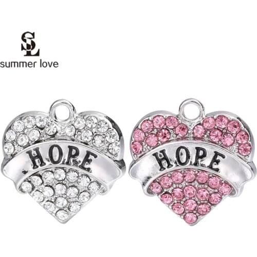 10pcs/lot Silver Plated Heart Shape Crystal Charms for DIY Bracelet Jewelry Making Hope Believe Letters Pendant Fit Necklace