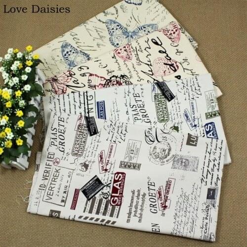 100%Cotton Double Warp Double Weft Canvas BEIGE WHITE Letter Stamp Butterfly Thick Fabric for Cover Cushion Bag Tablecloth Craft